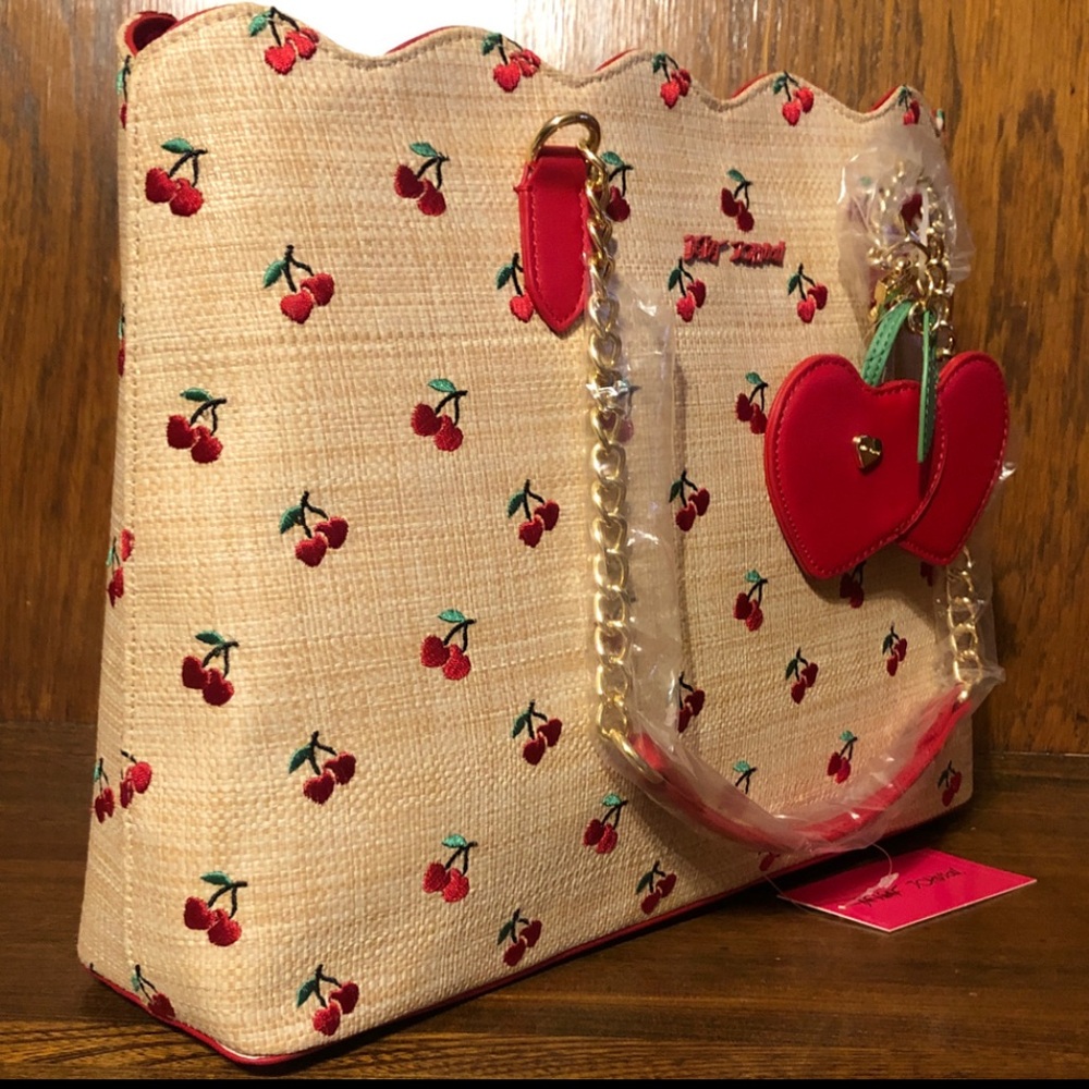 NWT-Betsey Johnson-Cherry🍒Embroidered-Large XO Tote-Woven Straw-Natural-$118 - Picture 7 of 16
